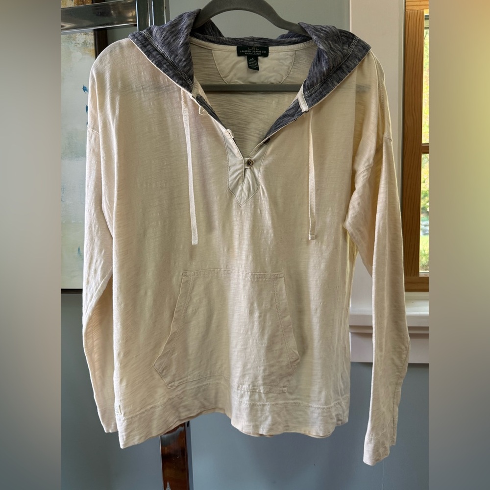 Ralph Lauren Cotton Henley   hoodie Pullover, Size Large EUC ivory/blue